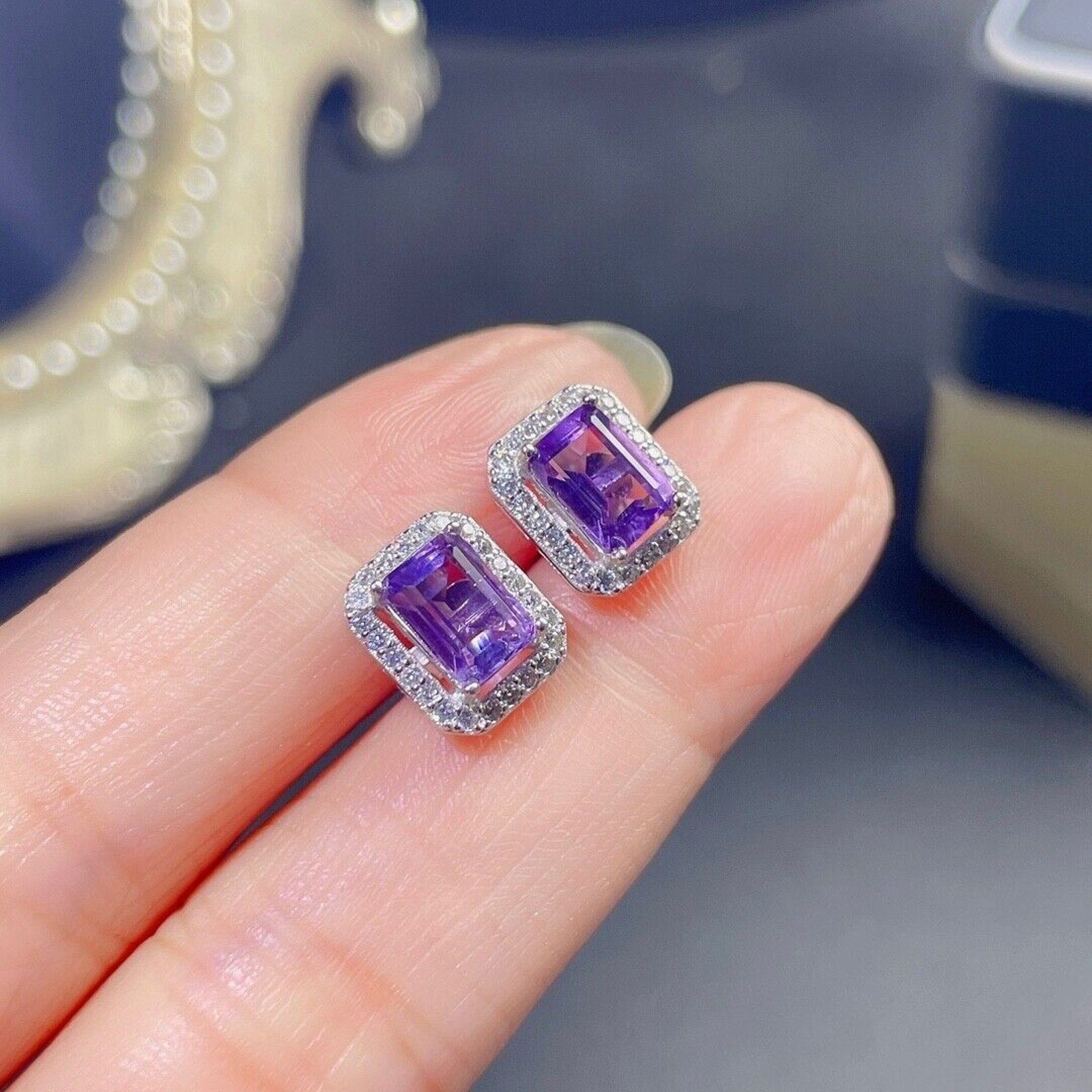 Amethyst Stud Earrings 5x7mm Emerald Cut Amethyst Earrings