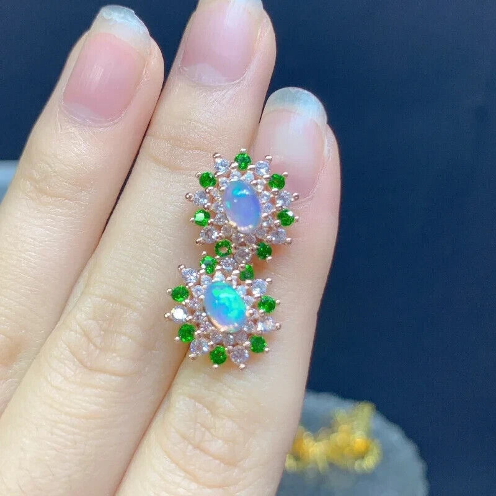 White Opal and Chrome Diopside Stud Earrings, Fire Opal and Diopside Earrings