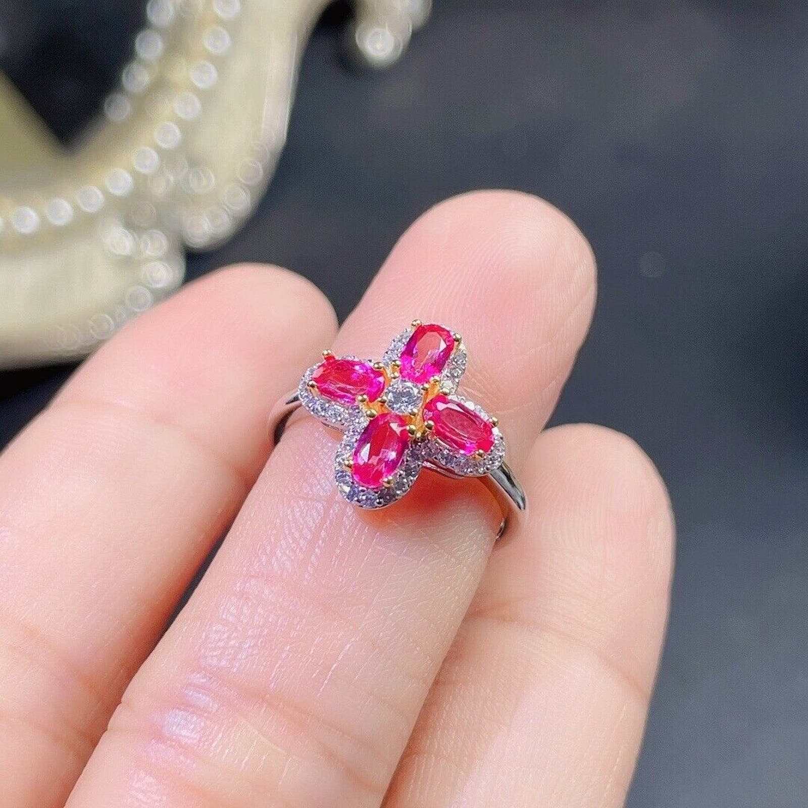 Natural Pink Topaz Floral Ring Sterling Silver 3x5mm Cocktail Ring, Pink Topaz