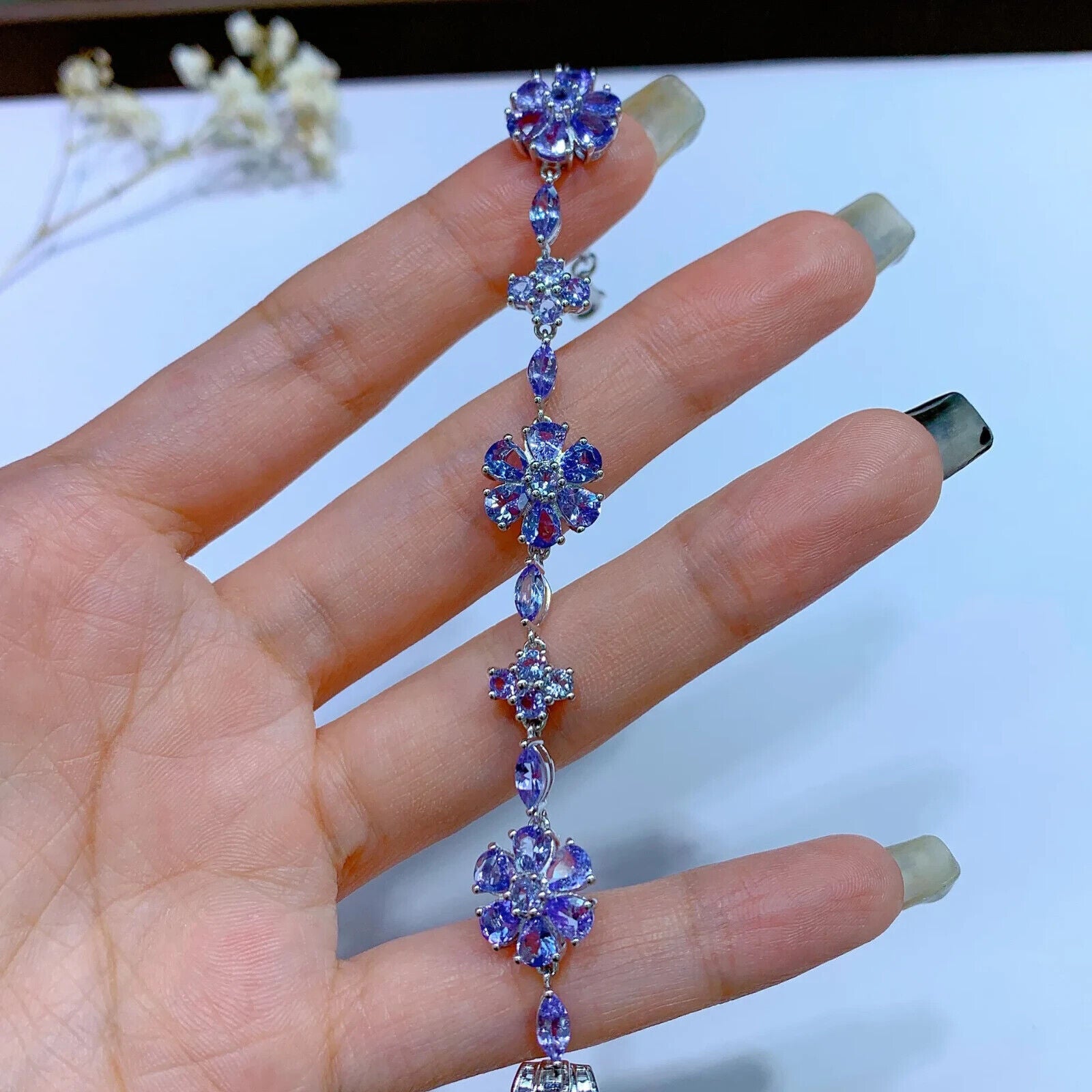 Purple Tanzanite Flower Pattern Tennis Bracelet, Natural Tanzanite Gemstone
