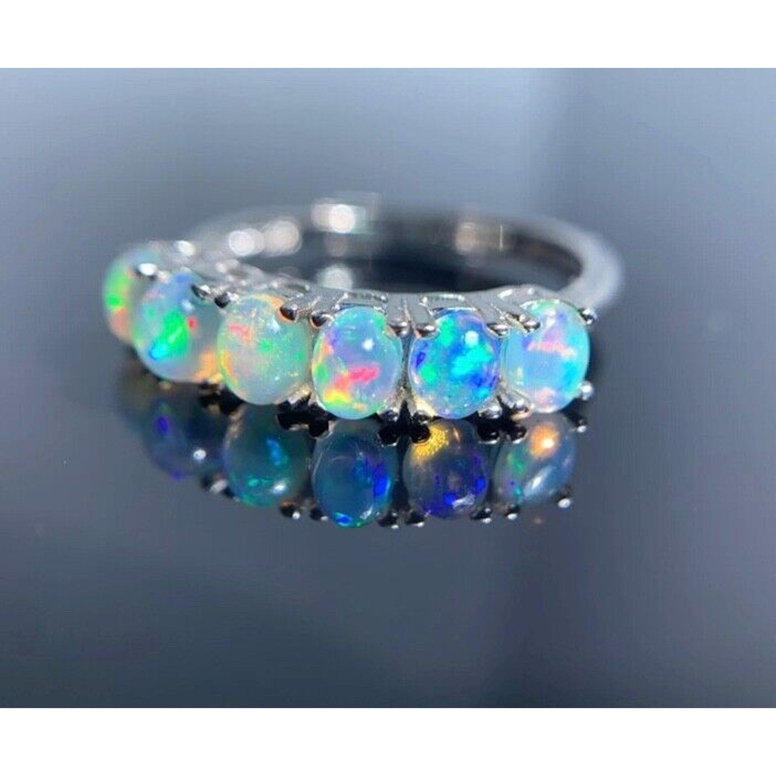 Australian Opal Band Ring, Women's White Opal Ring Sterling Silver, Opal Band