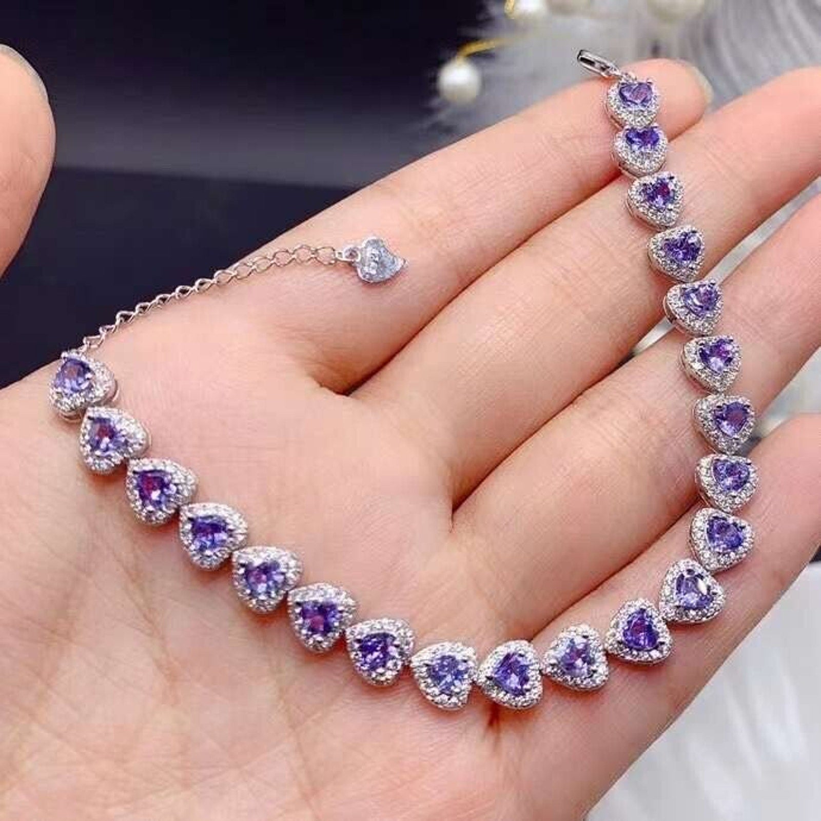 Purple Tanzanite Heart Tennis Bracelet – 925 Sterling Silver