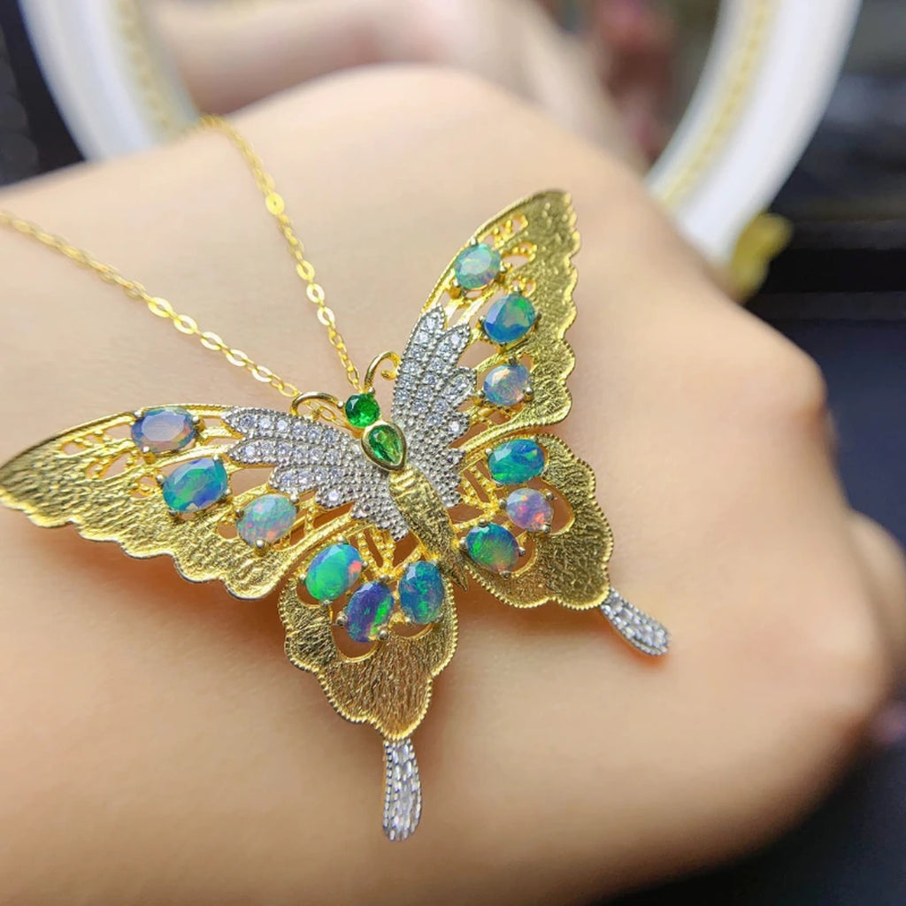 Australian Opal Butterfly Brooch, Blue Opal Butterfly Brooch Pin and Pendant