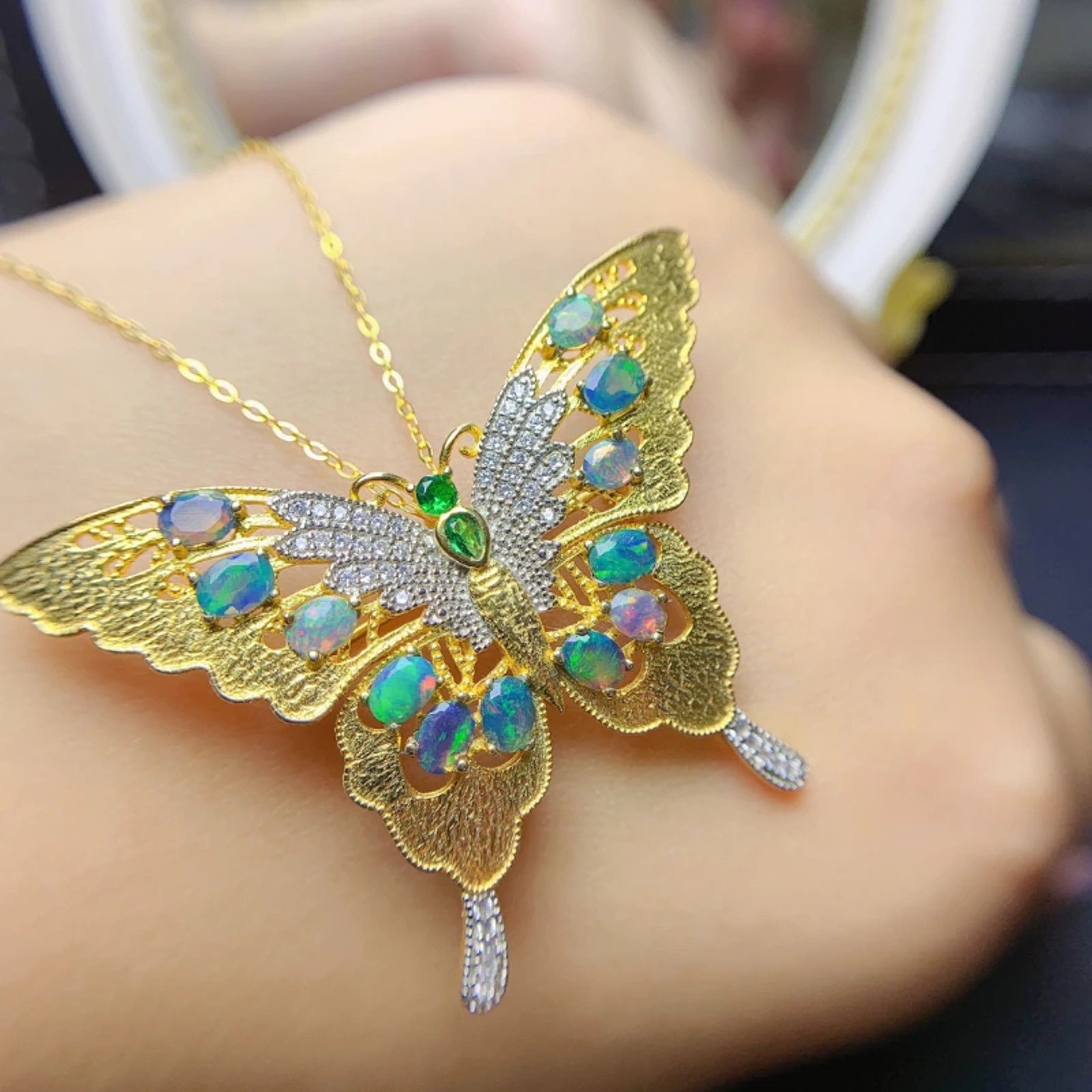 Australian Opal Butterfly Brooch, Blue Opal Butterfly Brooch Pin and Pendant