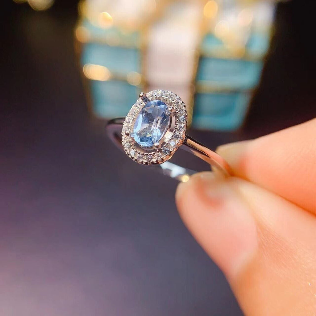 Aquamarine Cocktail Ring, Natural 4x6mm Oval Aquamarine Ring Sterling Silver
