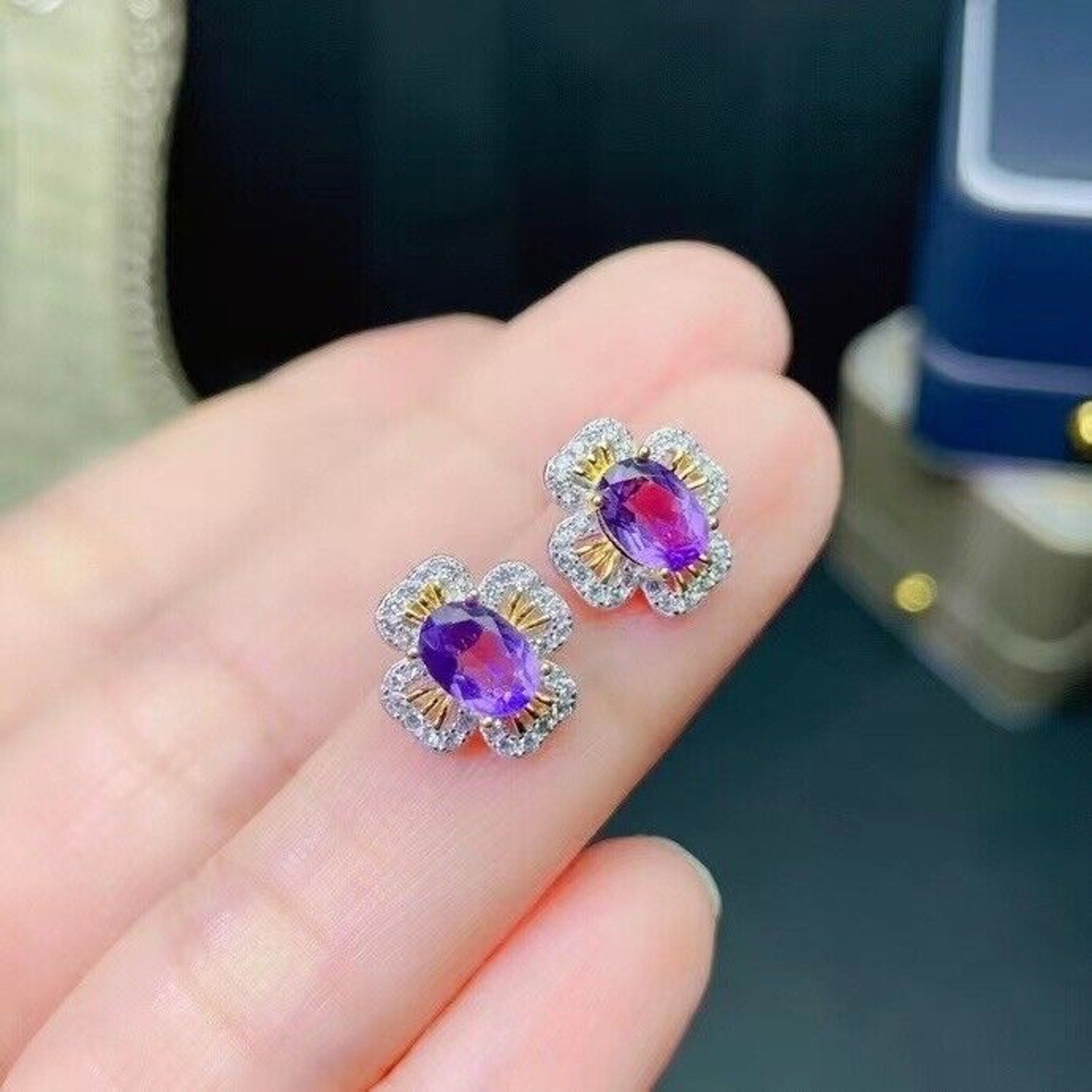 5x7mm Amethyst Flower Stud Earrings, Natural Amethyst Stud Earrings Platinum