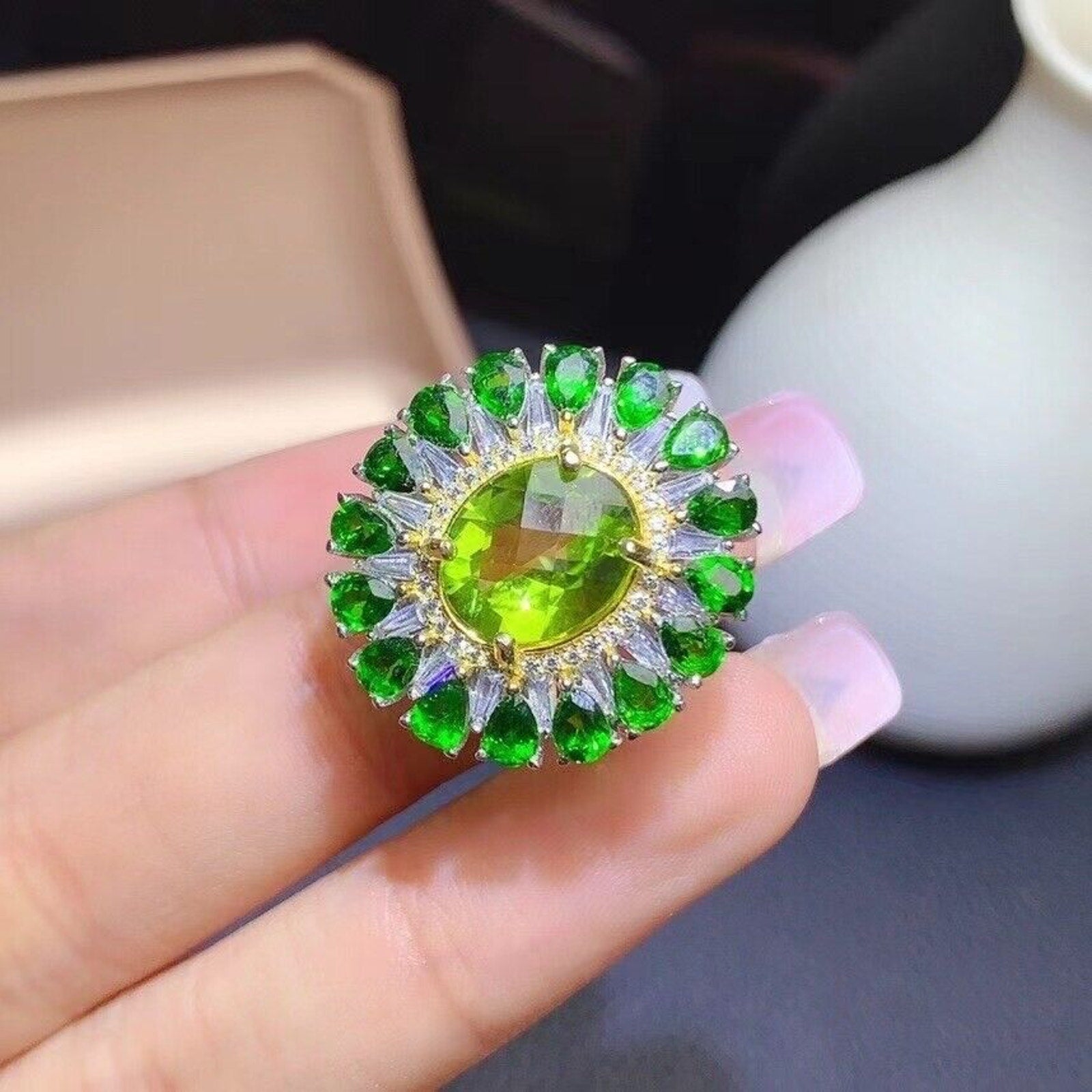 Oval Cut Peridot and Chrome Diopside Statement Ring, Chrome Diopside and Peridot