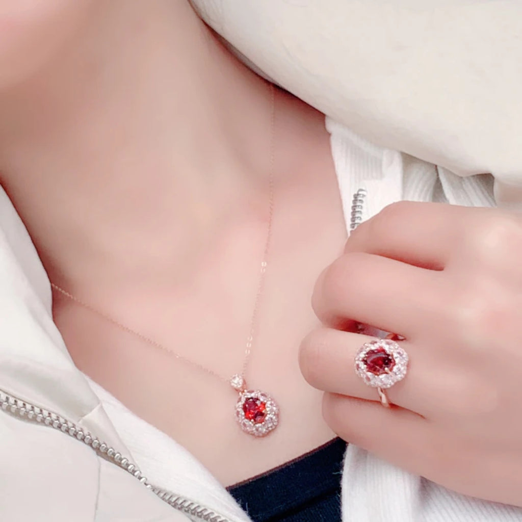 Natural Garnet Pendant and Ring Jewelry Set, 6x8mm Red Garnet and CZ Jewelry Set