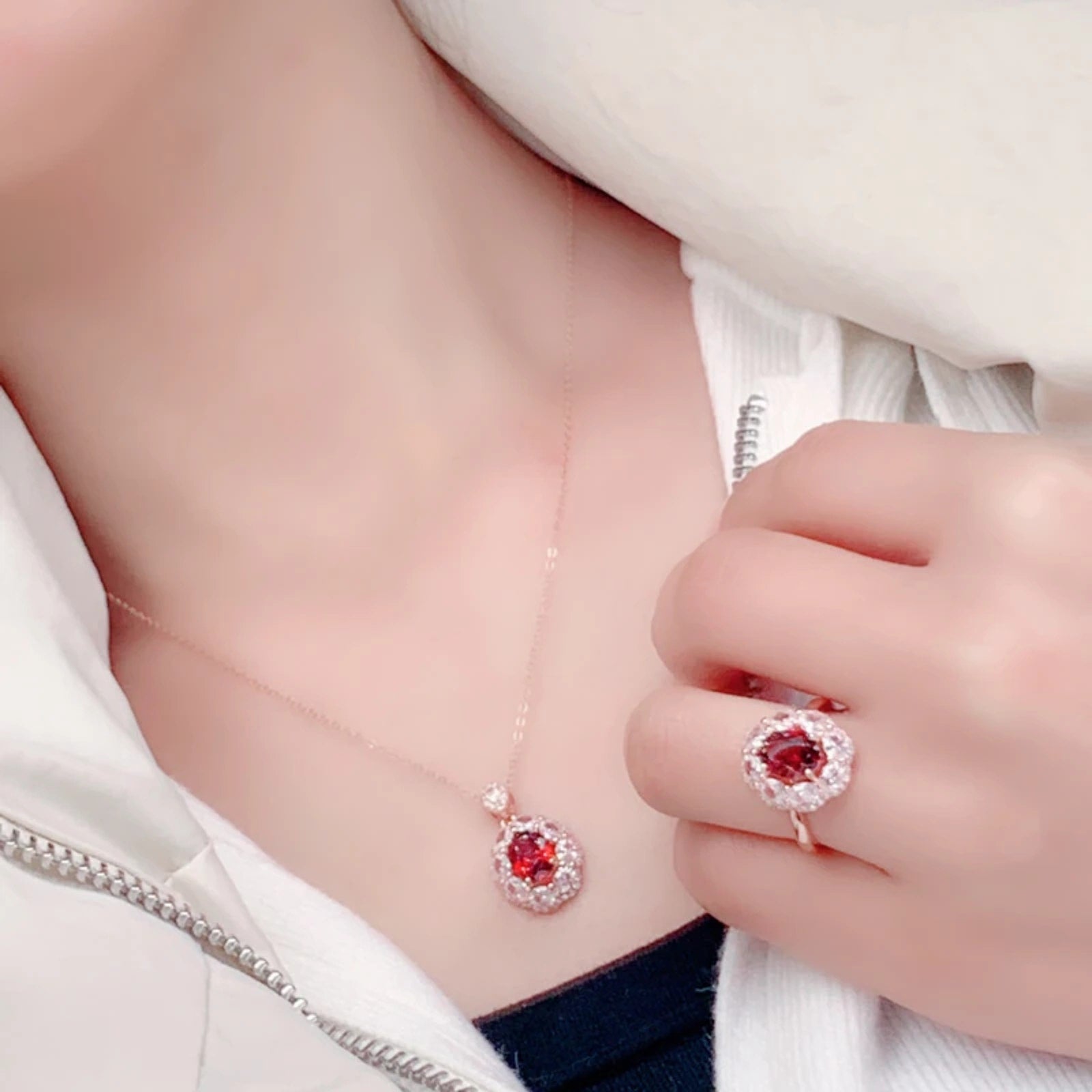 Natural Garnet Pendant and Ring Jewelry Set, 6x8mm Red Garnet and CZ Jewelry Set