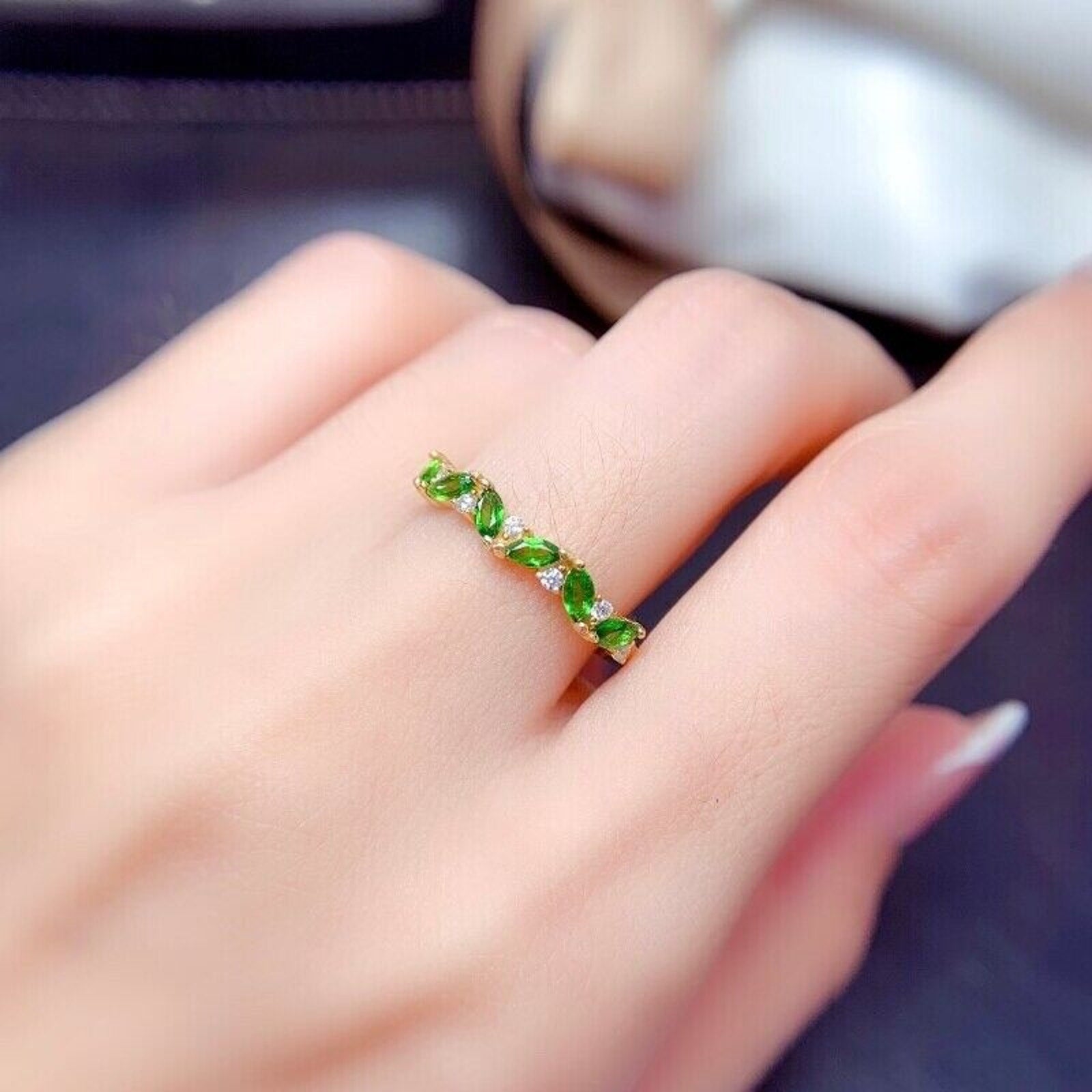 Marquise Cut Natural Chrome Diopside Band Ring 2x4mm