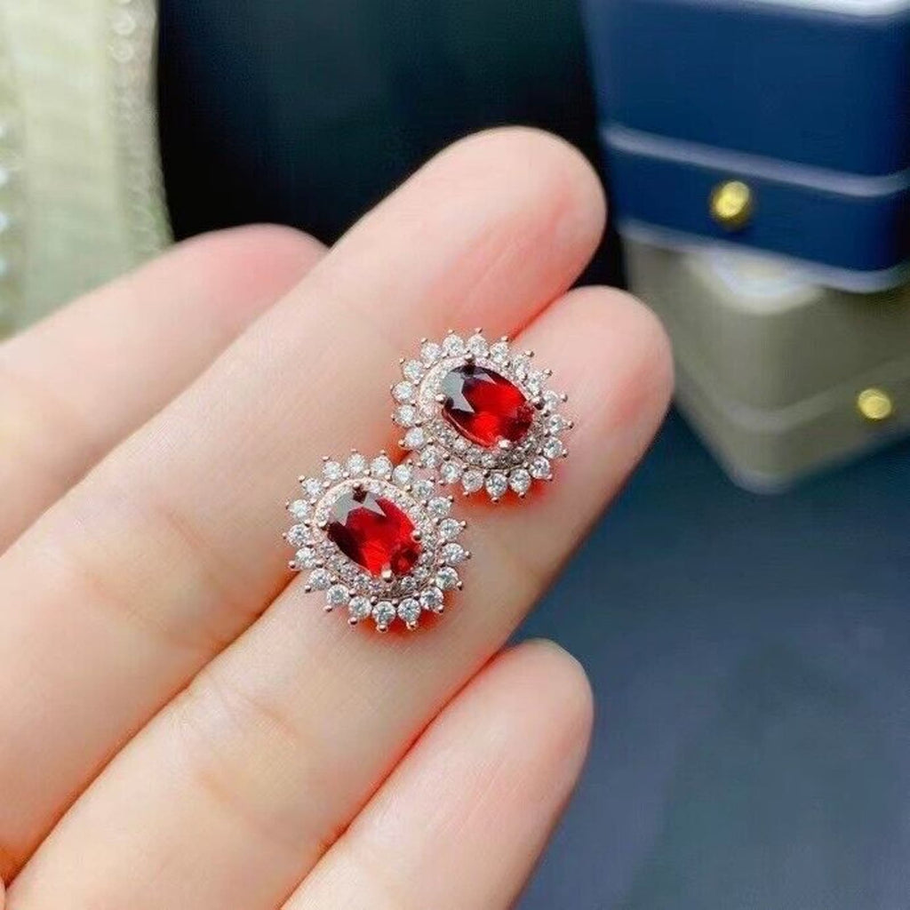 Women's Garnet Stud Earrings 5x7mm Platinum Plated, Garnet Earrings Platinum