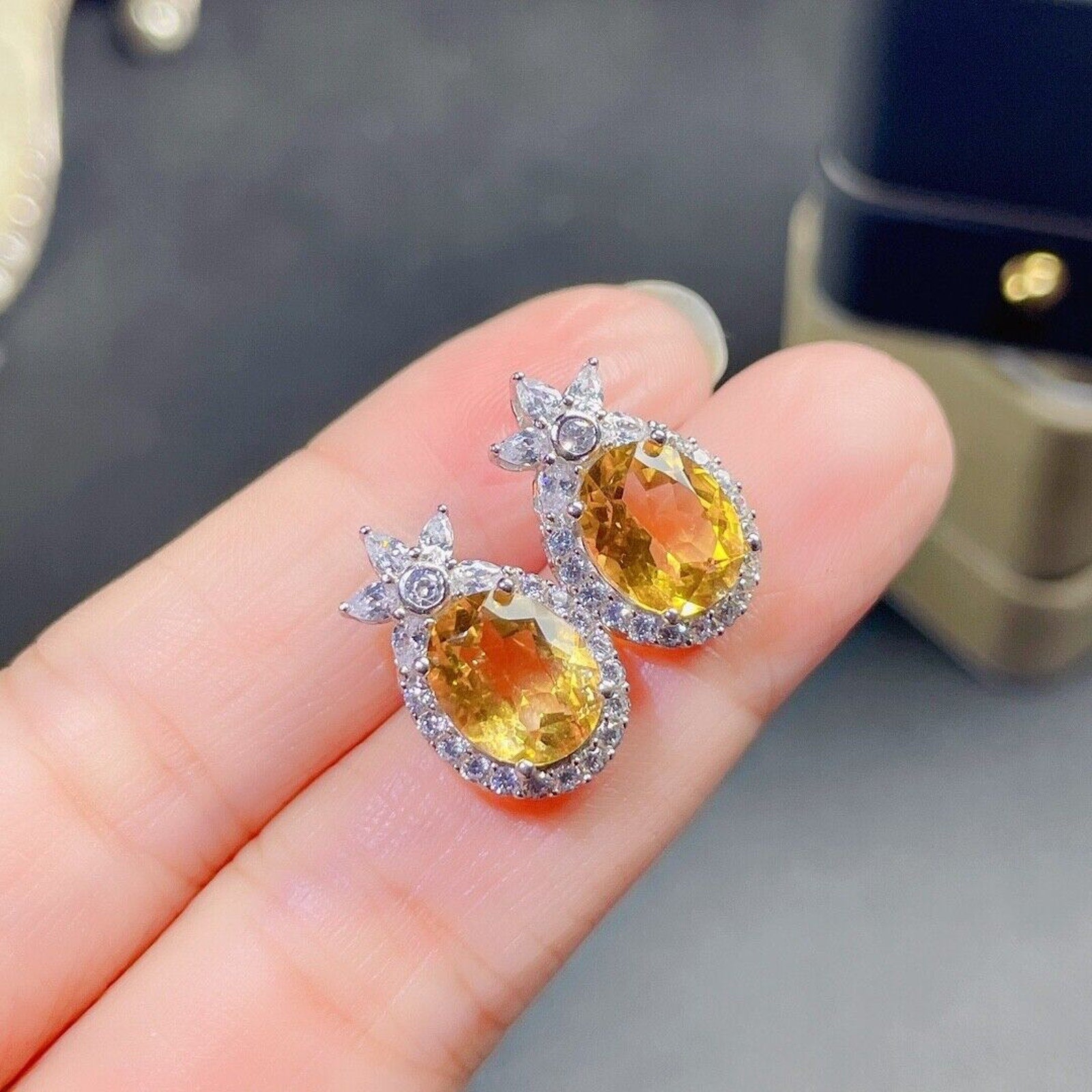 Large 8x10mm Natural Citrine Gemstone Earrings, Genuine Citrine Stud Earrings