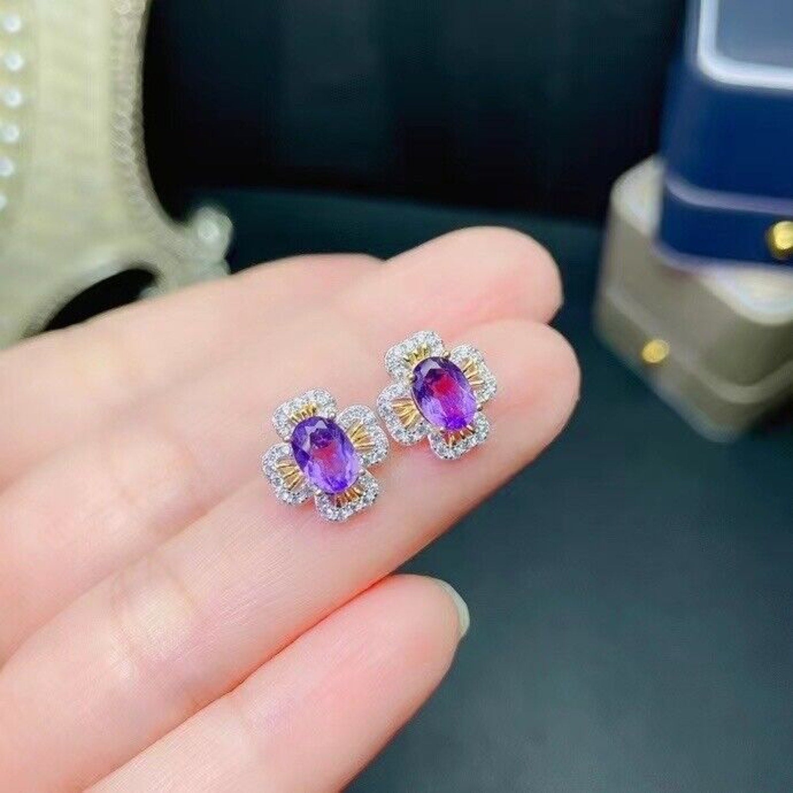 5x7mm Amethyst Flower Stud Earrings, Natural Amethyst Stud Earrings Platinum