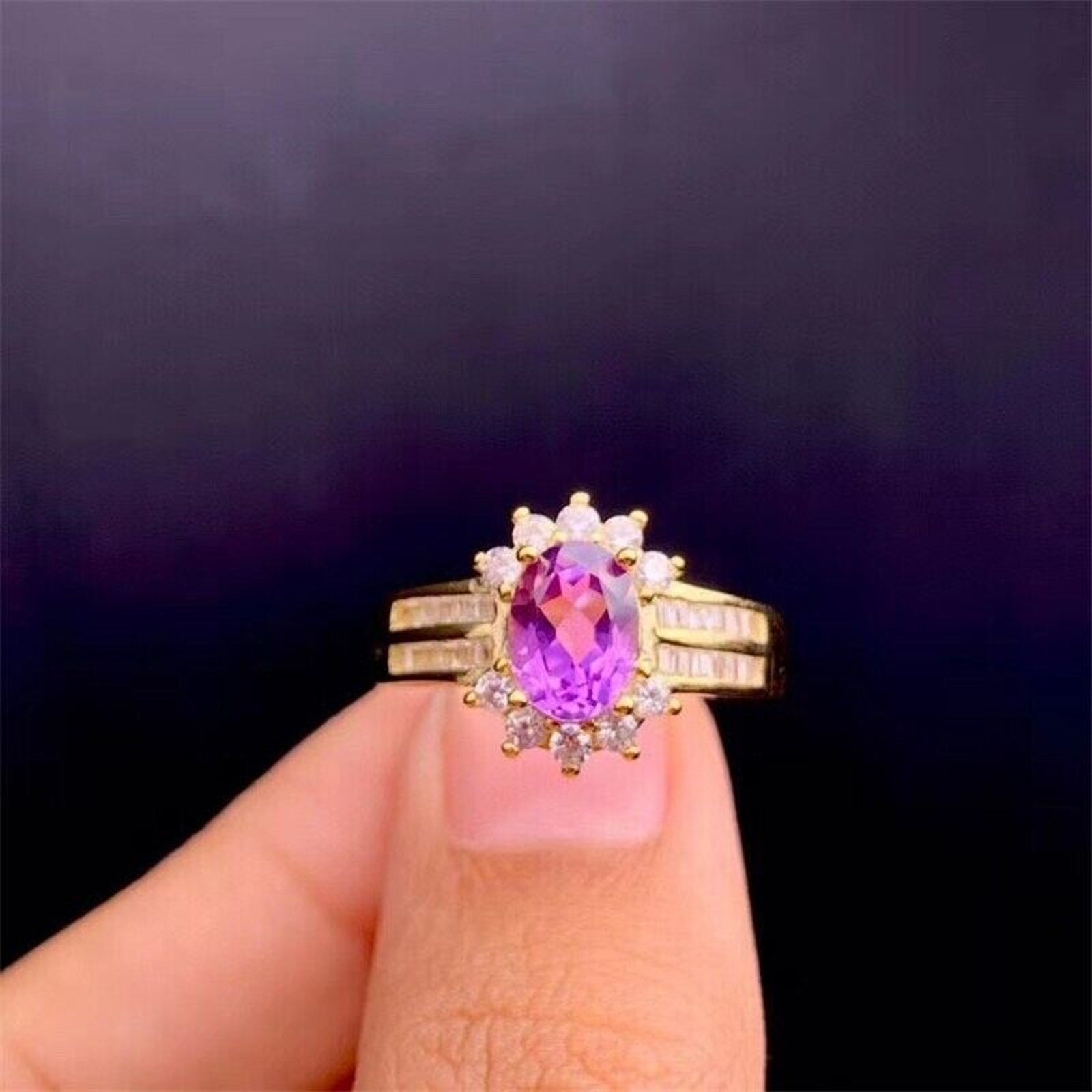 6x8mm Oval Cut Purple Amethyst Ring, Genuine Amethyst Sterling Silver Ring