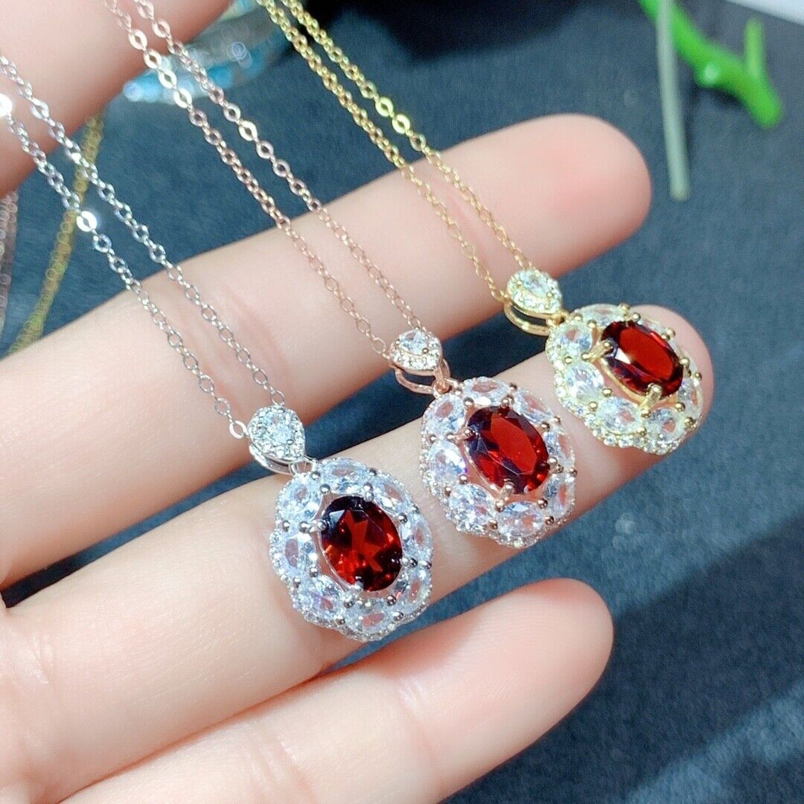 Natural Garnet Pendant and Ring Jewelry Set, 6x8mm Red Garnet and CZ Jewelry Set