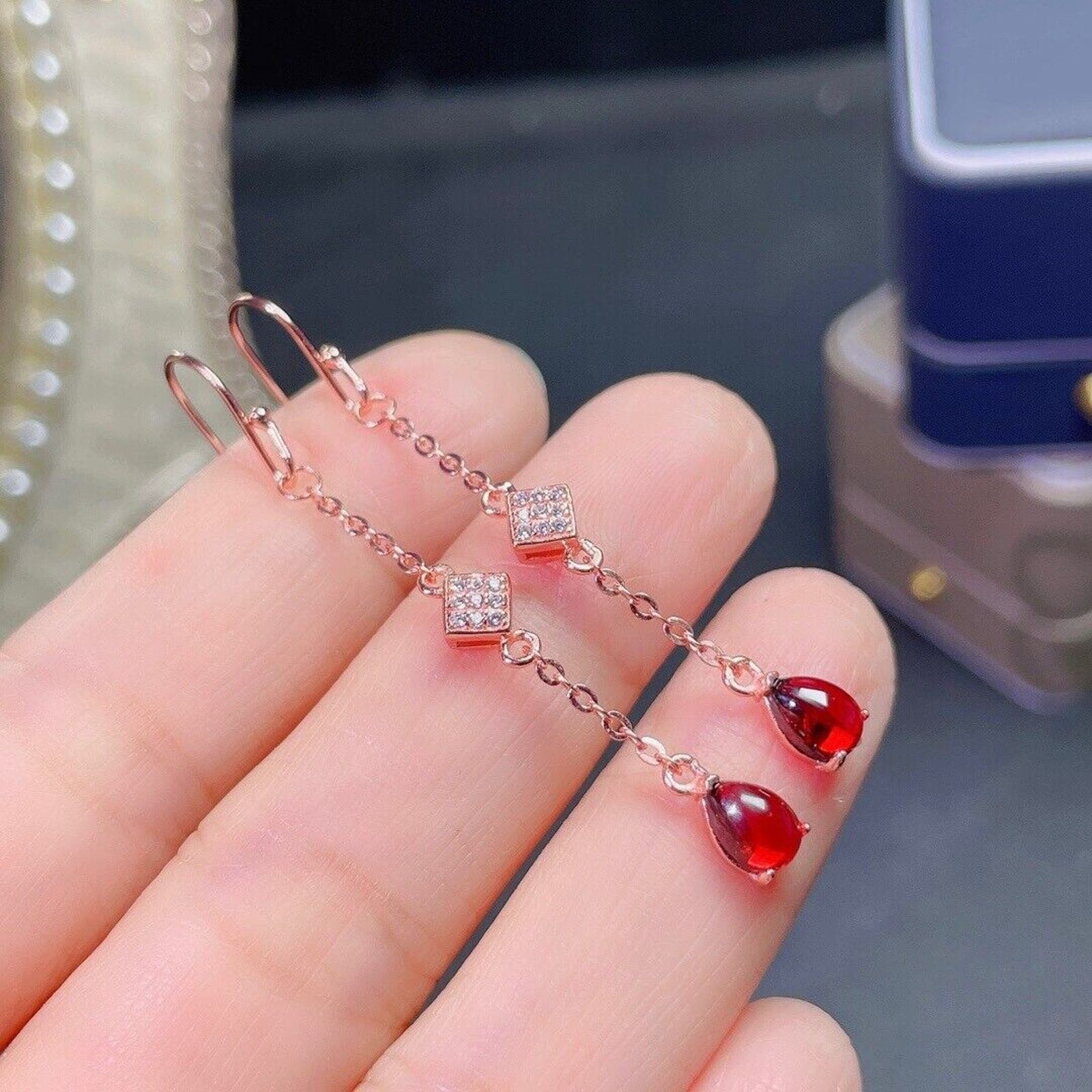 Natural Red Garnet Dangle Earrings, Rounded Teardrop Garnet Dangle Earrings