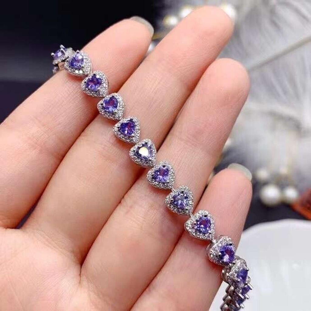 Purple Tanzanite Heart Tennis Bracelet – 925 Sterling Silver