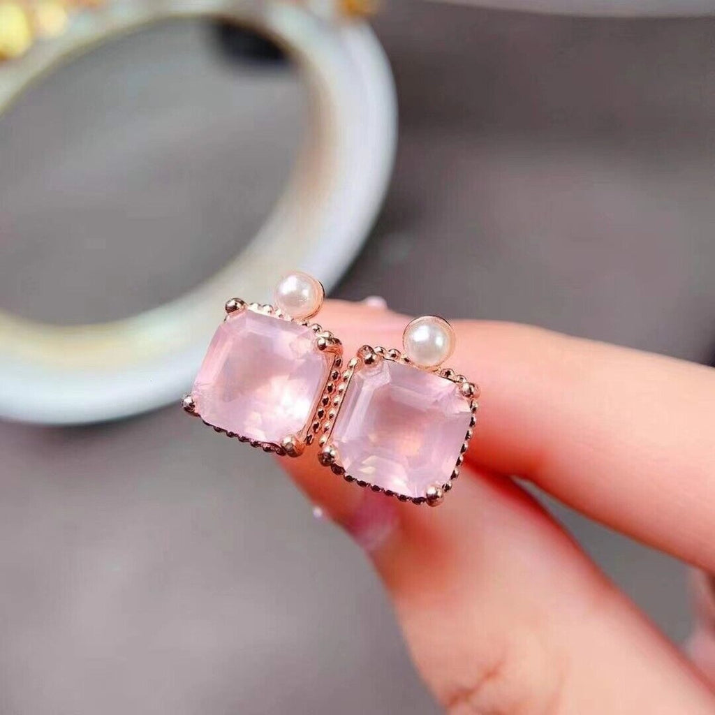 8x8mm Natural Rose Quartz Stud Earrings, Natural Rose Quartz Stud Earrings