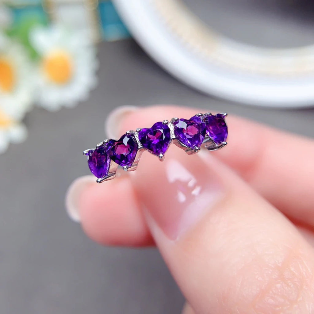Heart Shaped Amethyst Band Ring, Natural Amethyst Heart Shaped Eternity Ring