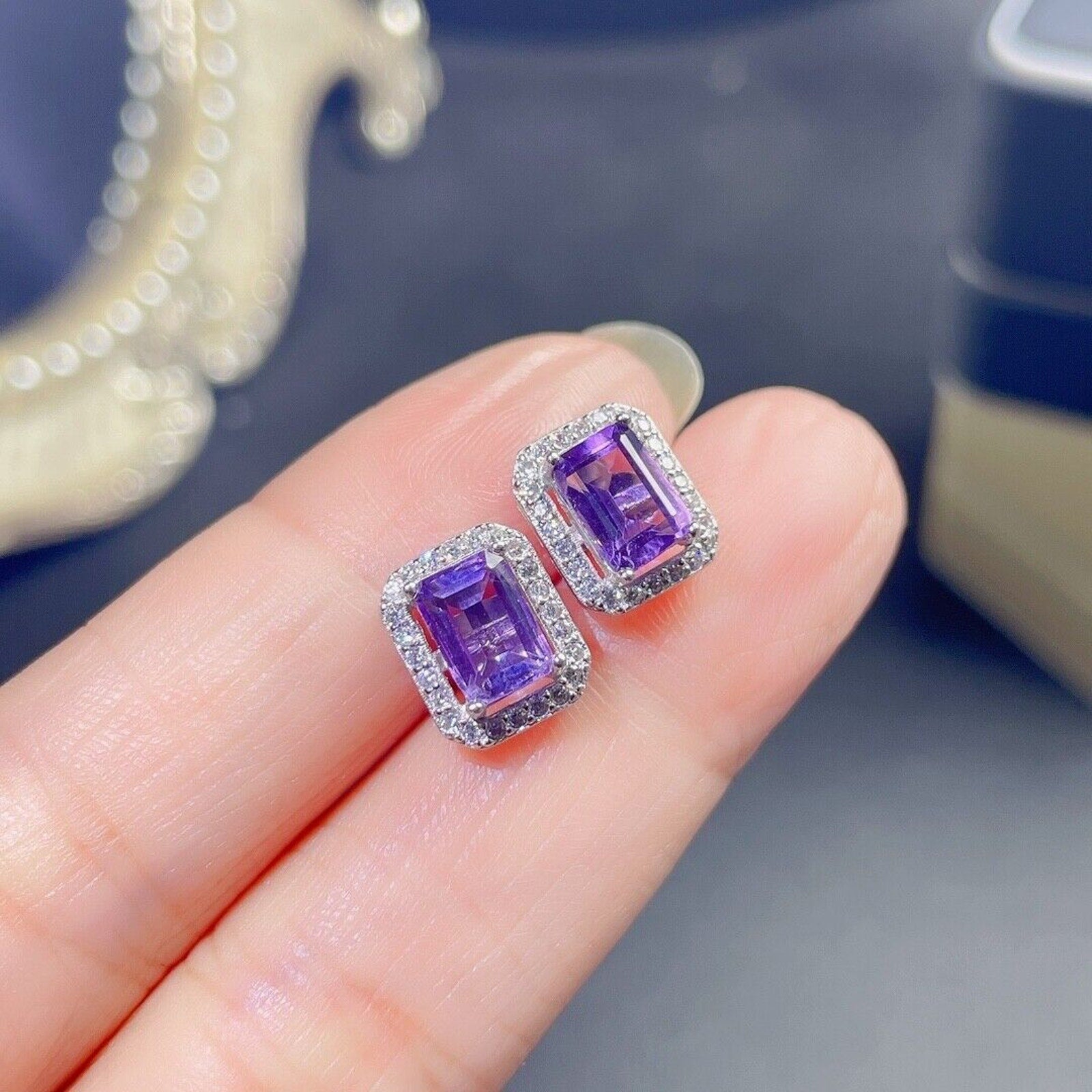 Amethyst Stud Earrings 5x7mm Emerald Cut Amethyst Earrings