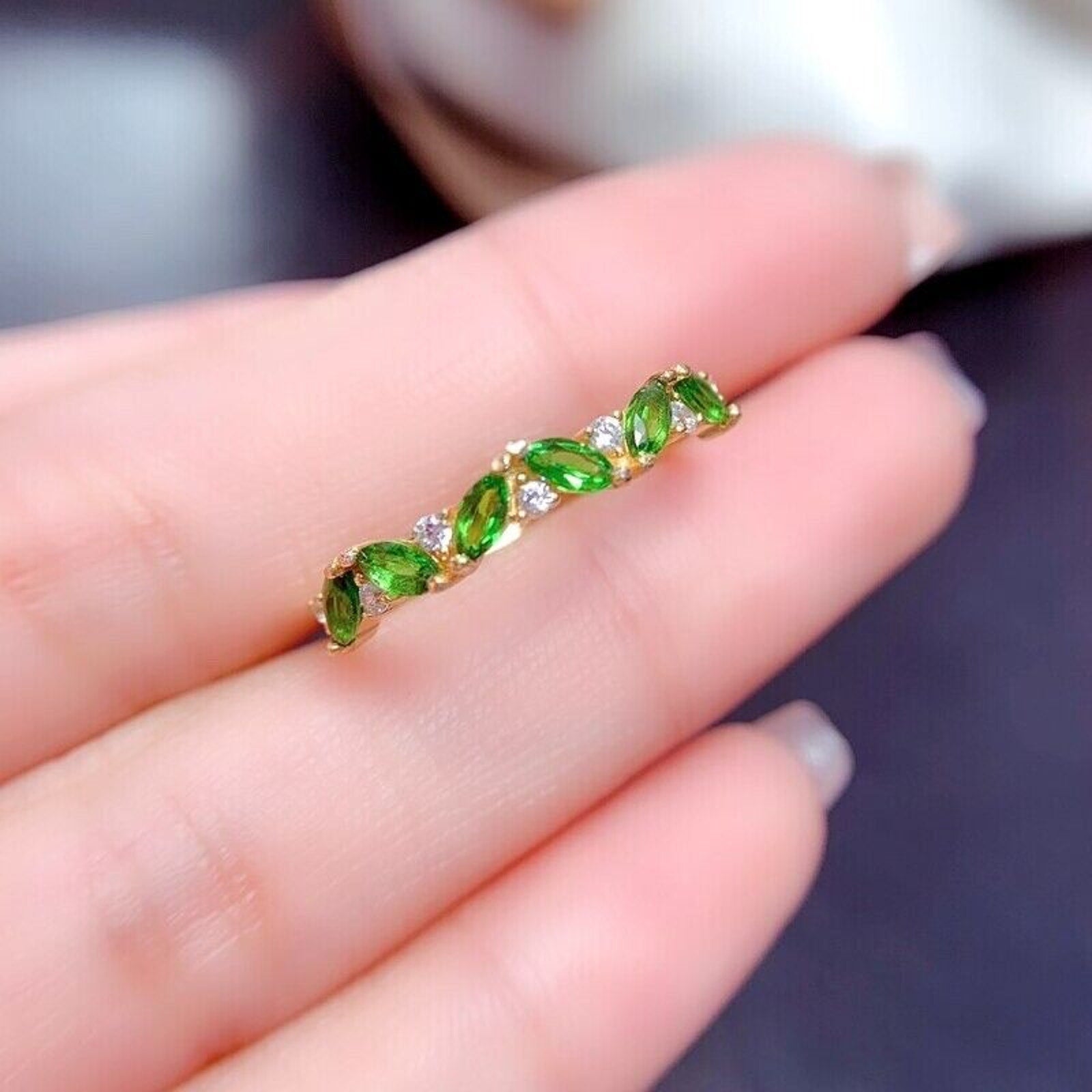 Marquise Cut Natural Chrome Diopside Band Ring 2x4mm