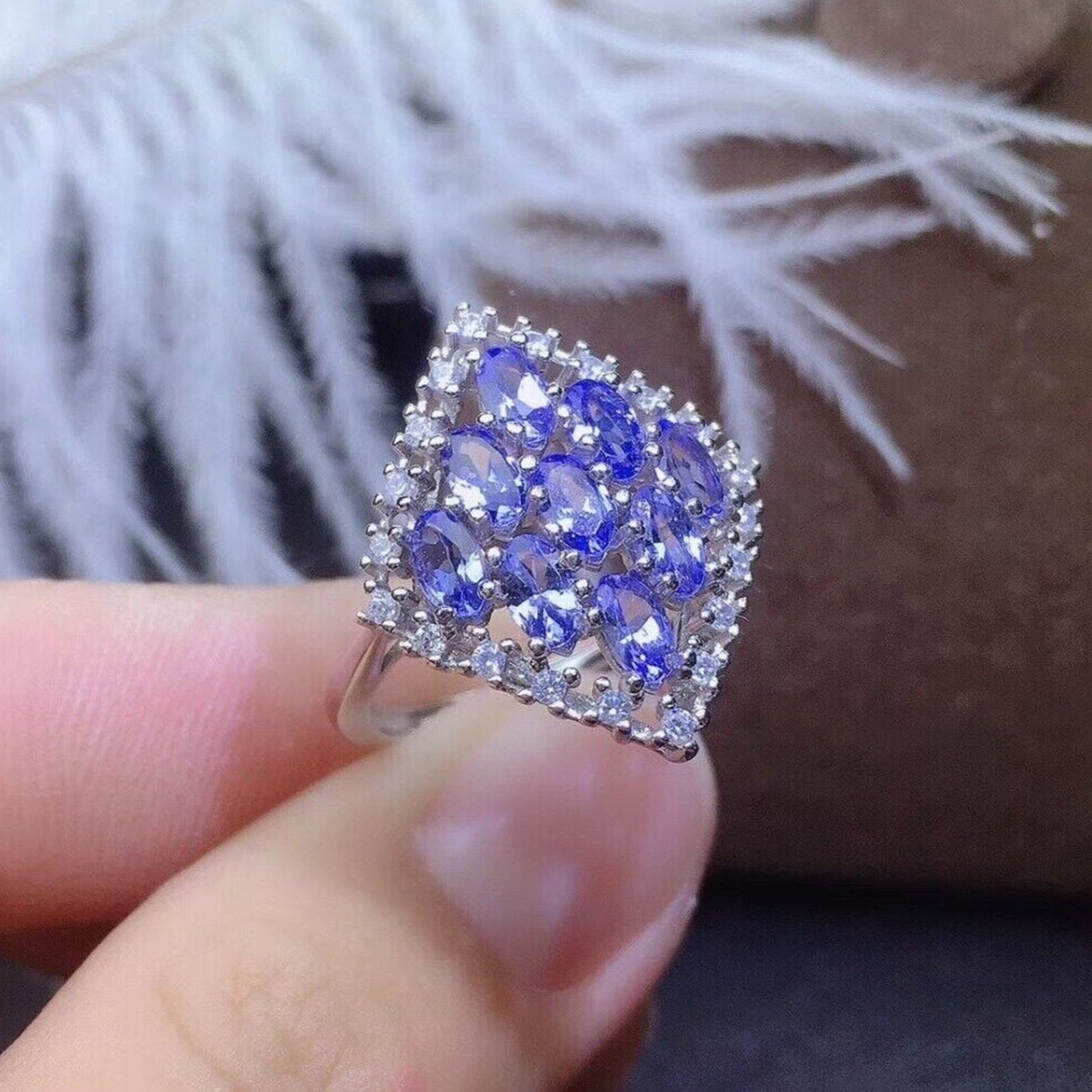 Large Tanzanite Statement Ring – 925 Sterling Silver | Sizes 4–12.5