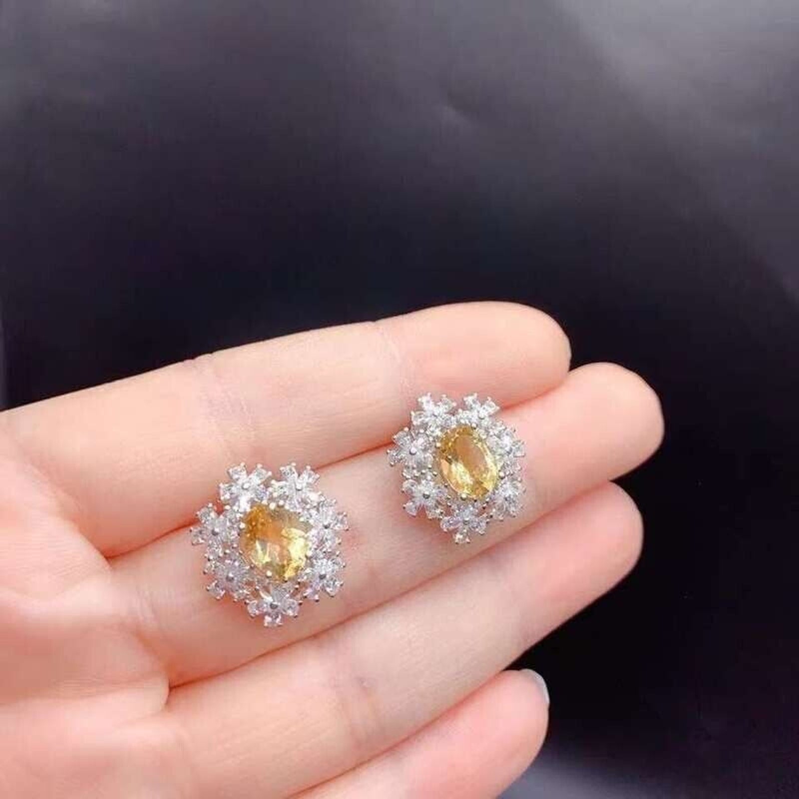 Natural Citrine Stud Earrings, Citrine Flower Cubic Zirconia Stud Earrings
