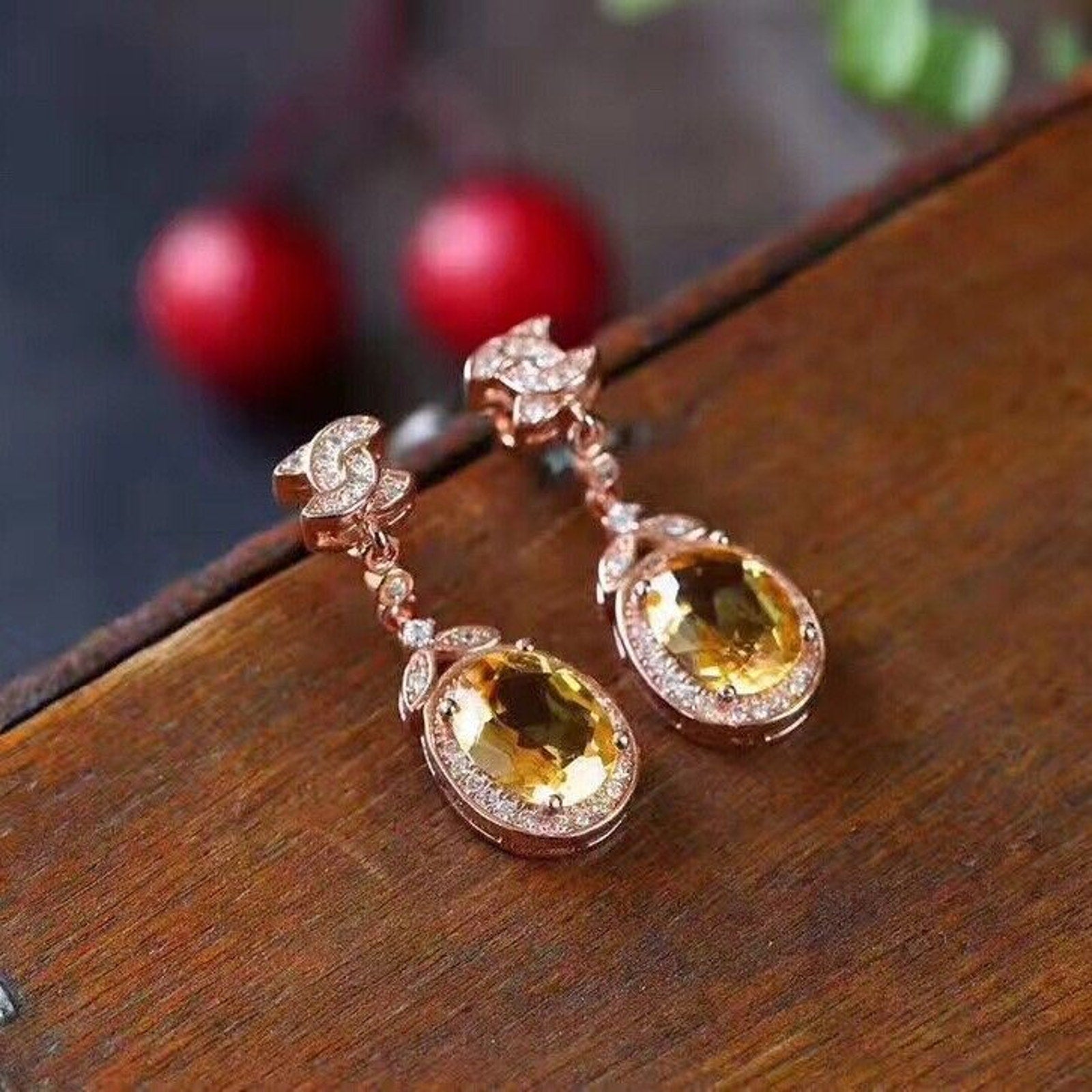 Natural 6x8mm Citrine Gemstone Earrings, Rose Gold Plated Silver Citrine Earring