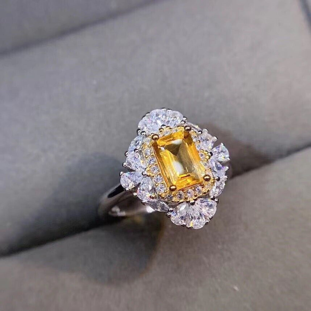 Emerald Cut Natural Citrine Gemstone Ring, Natural Citrine Ring with Zirconia