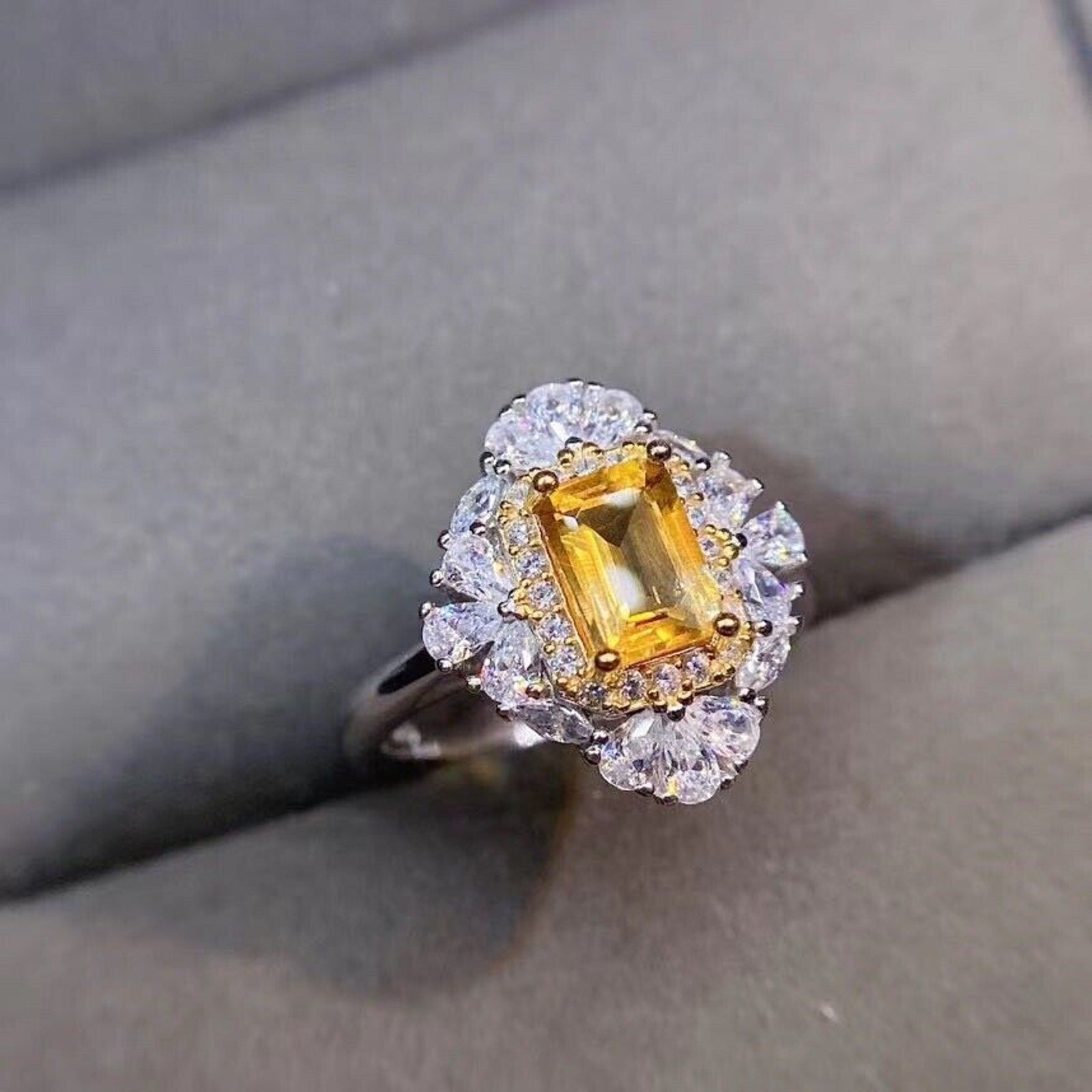 Emerald Cut Natural Citrine Gemstone Ring, Natural Citrine Ring with Zirconia