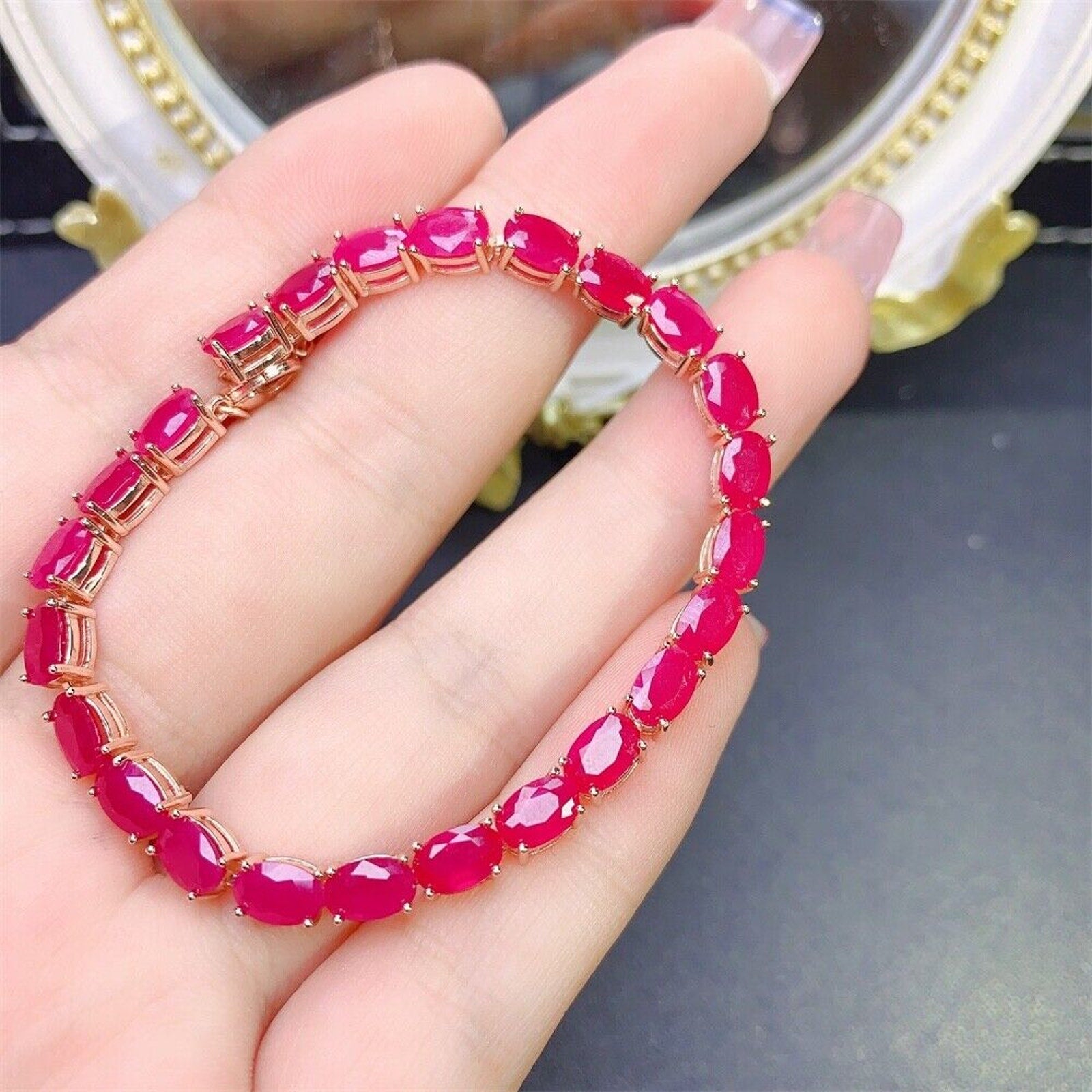 12 Carat Bright Opaque Pink Burma Ruby Bracelet, 925 Sterling Silver Ruby