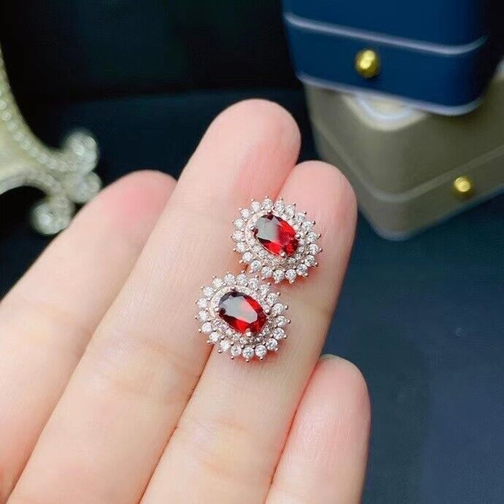 Women's Garnet Stud Earrings 5x7mm Platinum Plated, Garnet Earrings Platinum