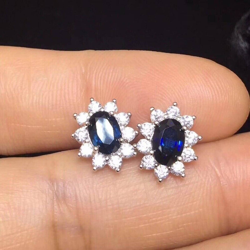Princess Diania Sapphire Stud Earrings, Dark Blue Sapphire Stud Earrings, Natural Sapphire Stud Earrings
