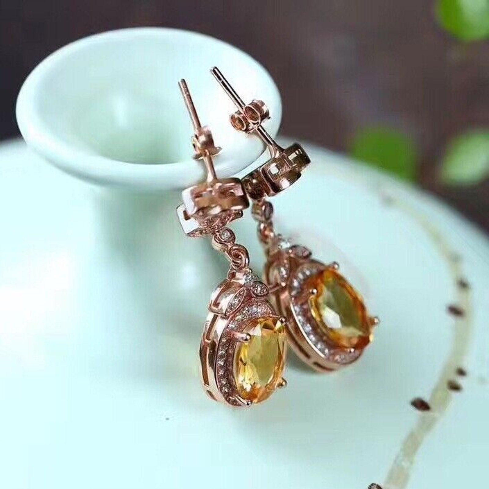 Natural 6x8mm Citrine Gemstone Earrings, Rose Gold Plated Silver Citrine Earring