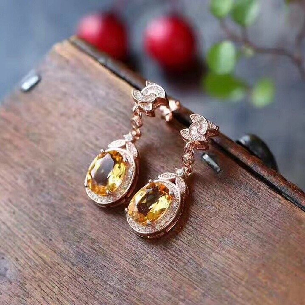 Natural 6x8mm Citrine Gemstone Earrings, Rose Gold Plated Silver Citrine Earring