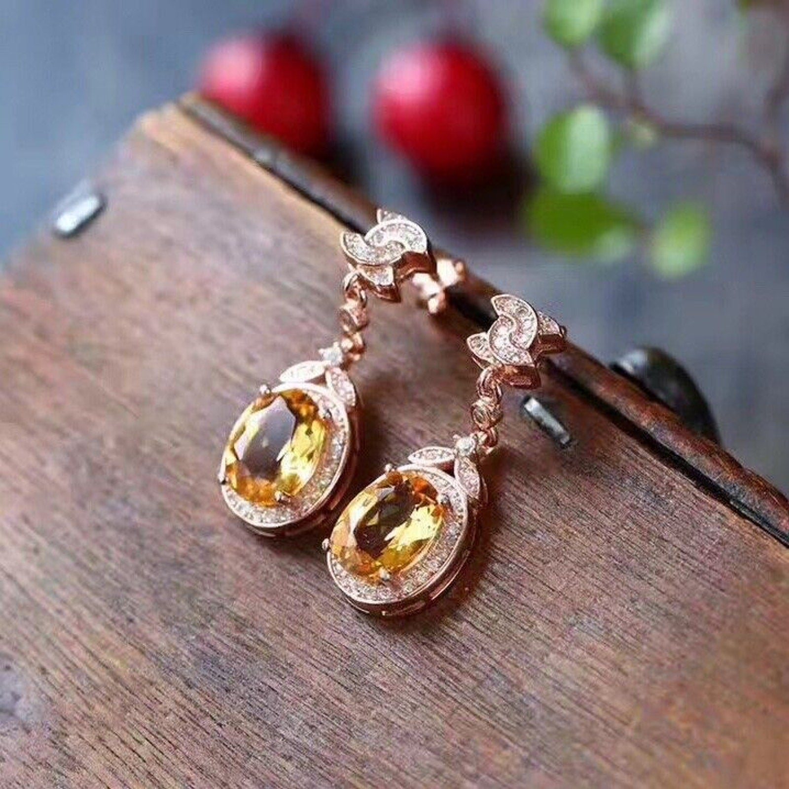 Natural 6x8mm Citrine Gemstone Earrings, Rose Gold Plated Silver Citrine Earring