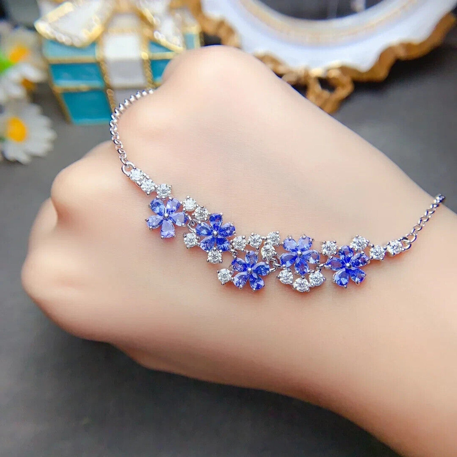 Purple Tanzanite Flower Statement Necklace Platinum Plated, Tanzanite Jewelry