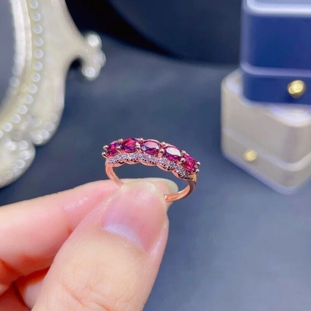 Pink Garnet Band Ring, Pinkish Purple Natural Garnet Ring Platinum Plated Silver