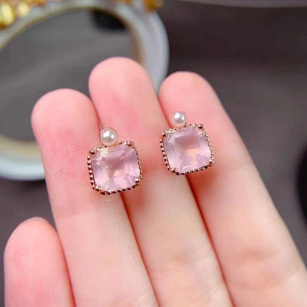 8x8mm Natural Rose Quartz Stud Earrings, Natural Rose Quartz Stud Earrings
