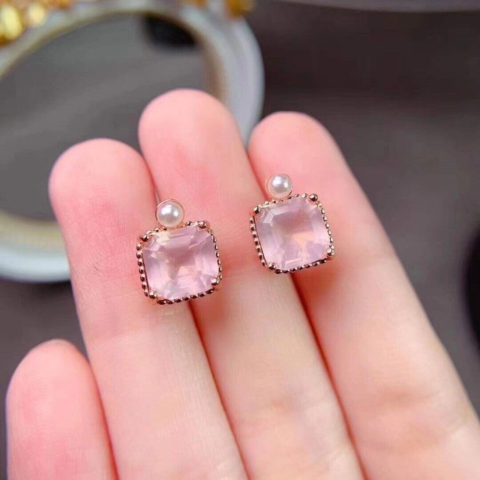 8x8mm Natural Rose Quartz Stud Earrings, Natural Rose Quartz Stud Earrings