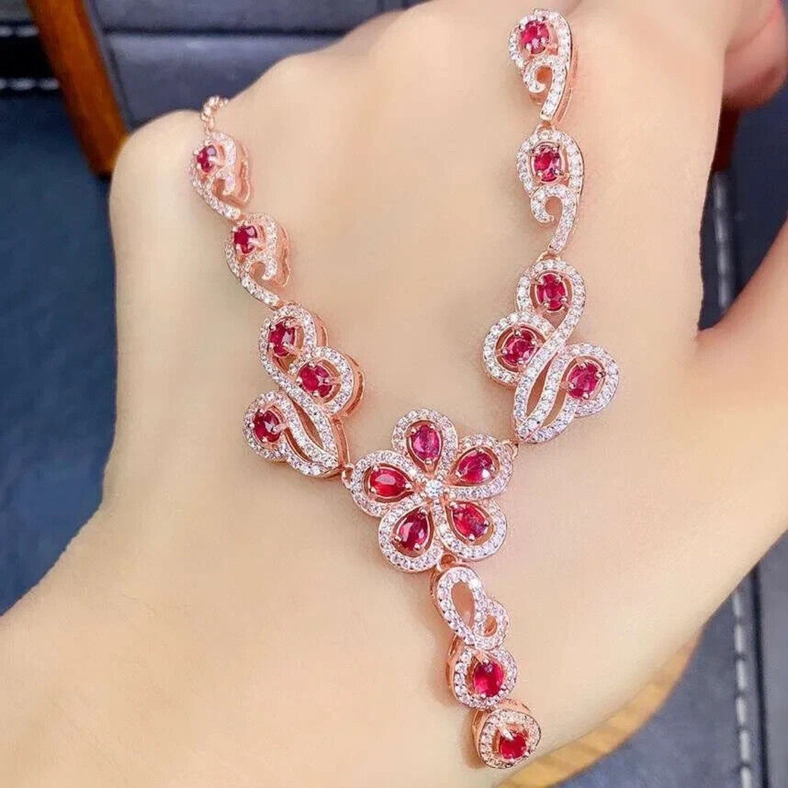 Ruby Necklace, Natural Ruby Statement Necklace 925 Sterling Silver, Genuine Ruby