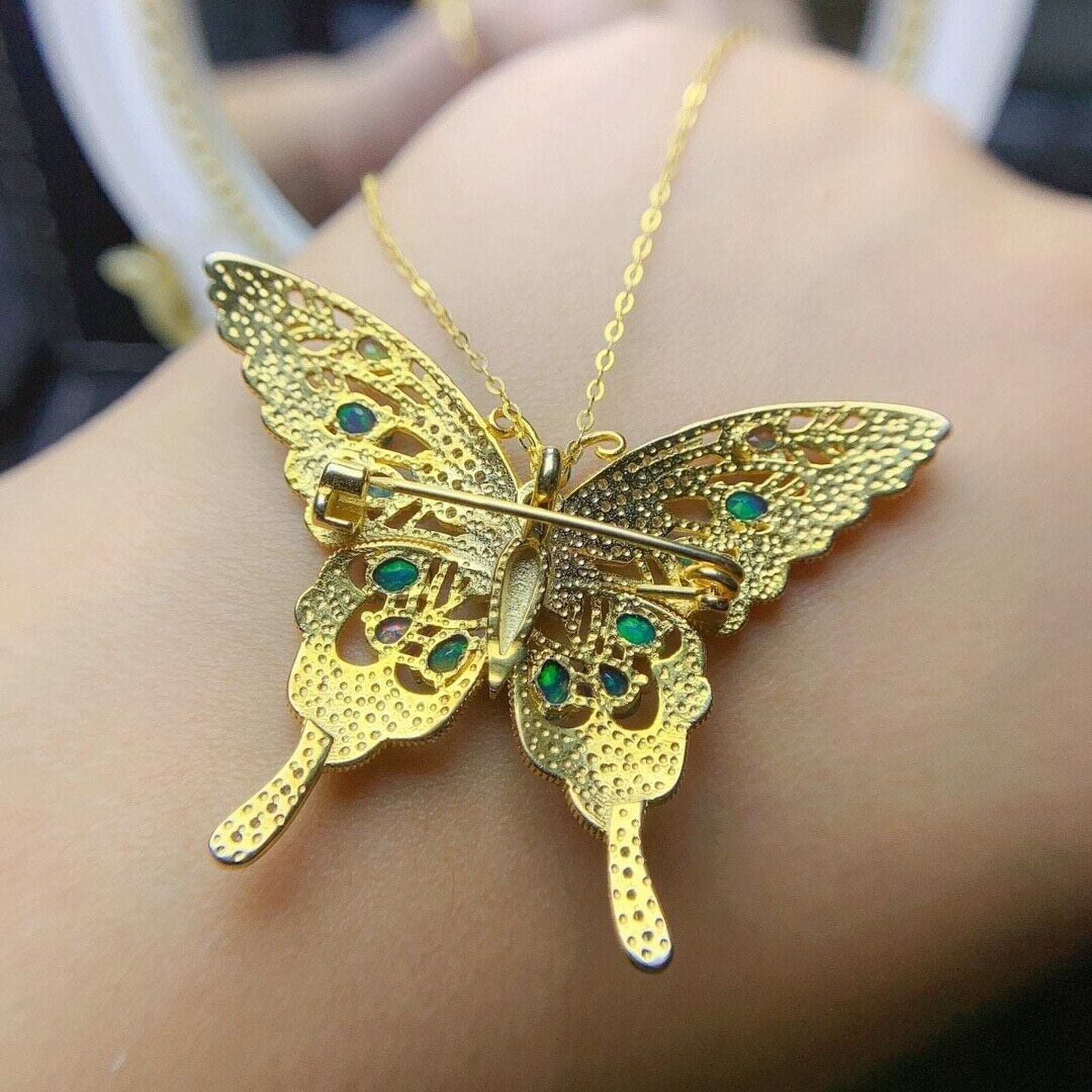 Australian Opal Butterfly Brooch, Blue Opal Butterfly Brooch Pin and Pendant