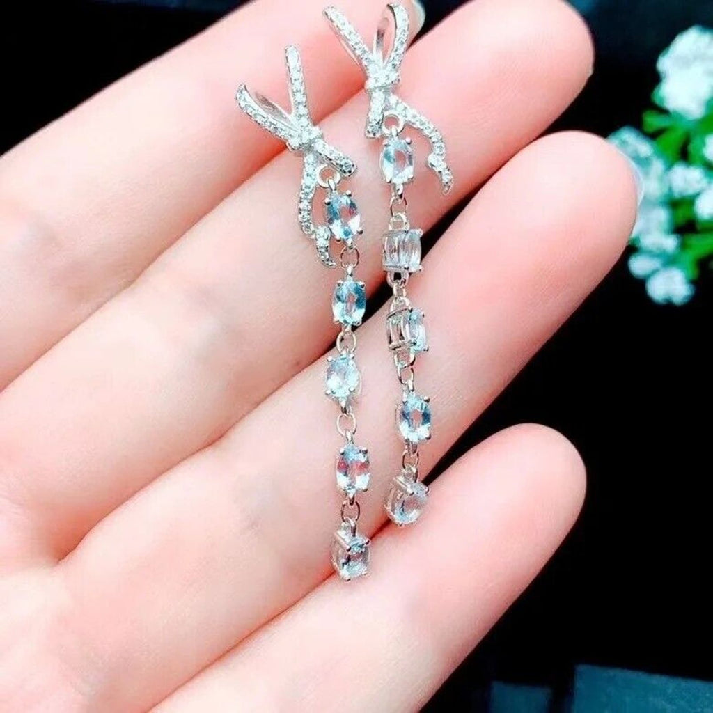 Aquamarine Drop Earrings With Cubic Zirconia, Platinum Plated Aquamarine Earring