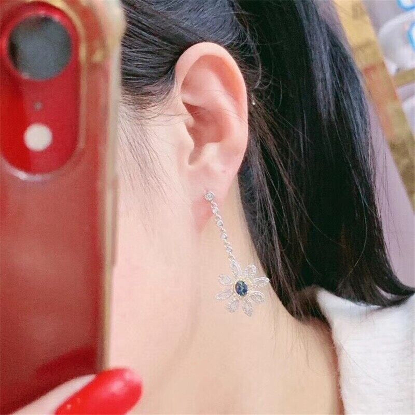 Blue Sapphire Long Dangle Flower Earrings, VVS Grade Blue Sapphire Earrings