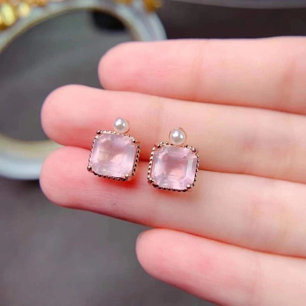 8x8mm Natural Rose Quartz Stud Earrings, Natural Rose Quartz Stud Earrings