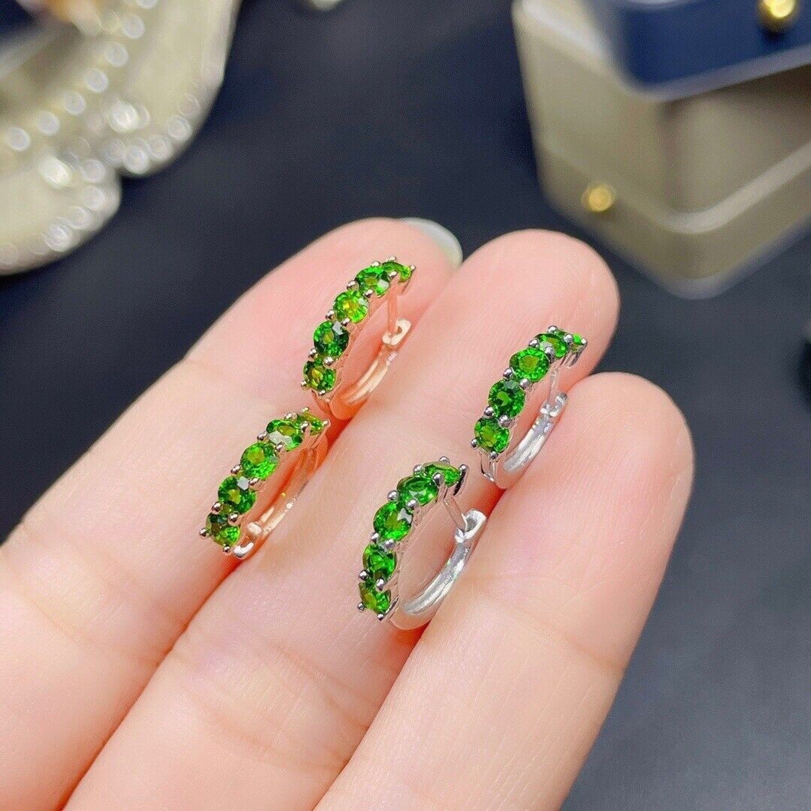 3x3mm Natural Chrome Diopside Hoop Earrings, Natural Chrome Diopside Earrings