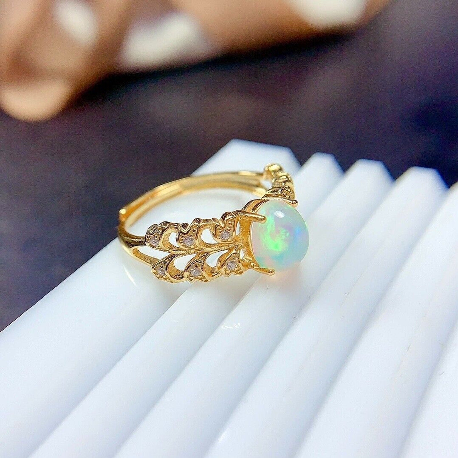 Natural White Opal Double Band Statement Ring 6x8mm