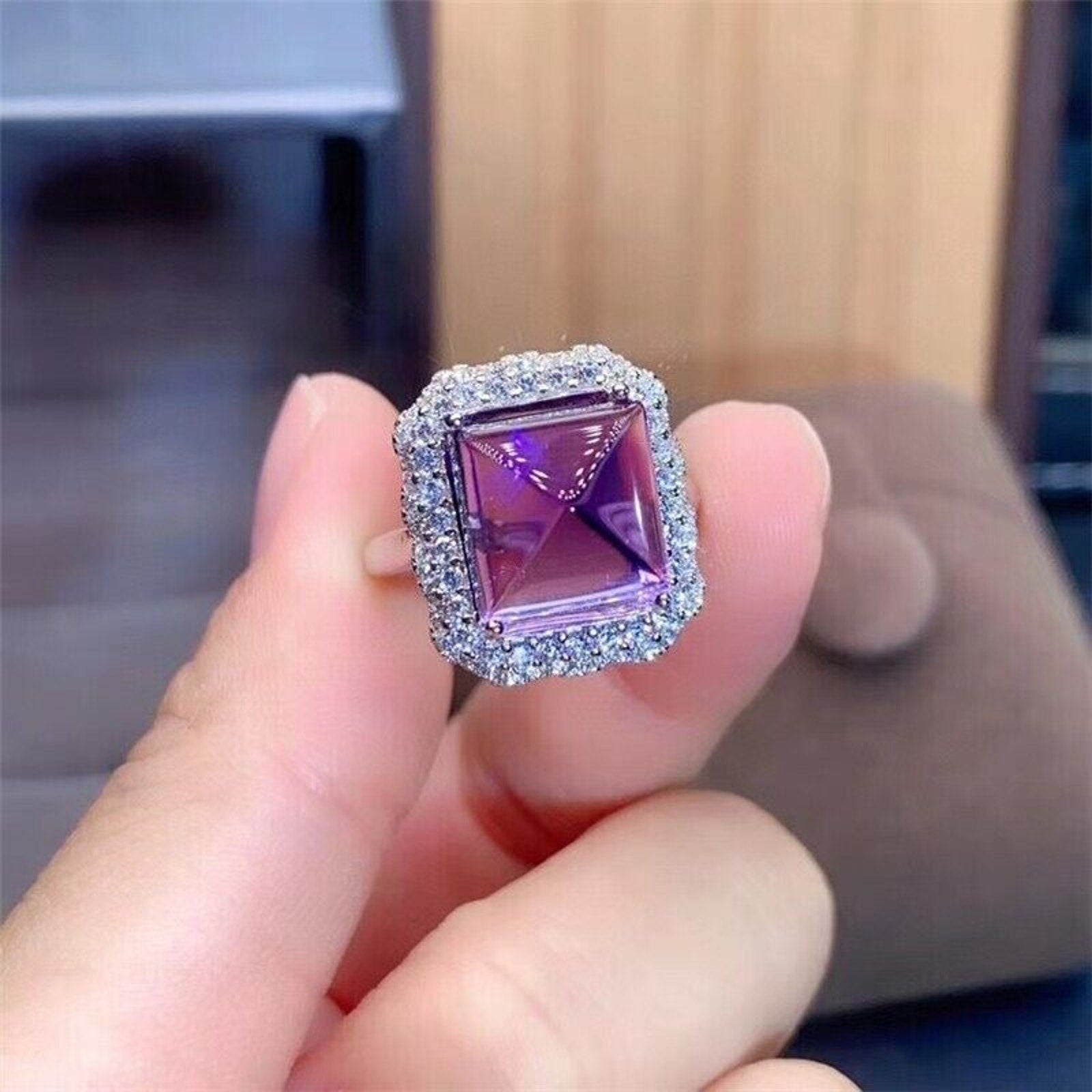 10x10mm Sugarloaf Amethyst Gemstone Ring with Cubic Zirconia, 925 Sterling