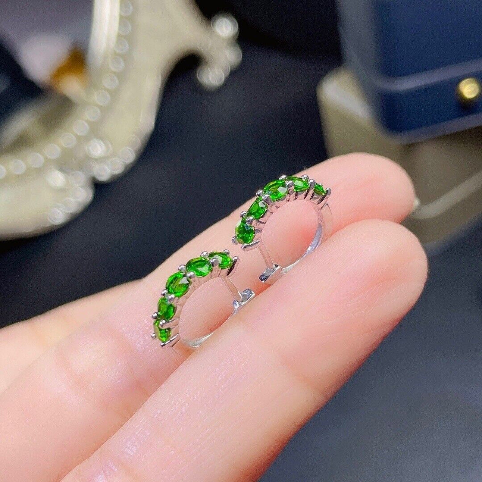3x3mm Natural Chrome Diopside Hoop Earrings, Natural Chrome Diopside Earrings