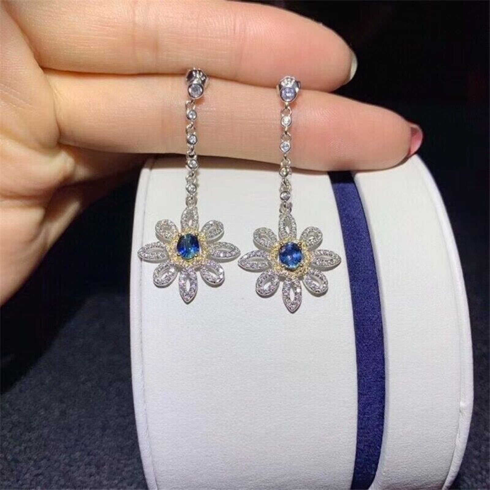 Blue Sapphire Long Dangle Flower Earrings, VVS Grade Blue Sapphire Earrings